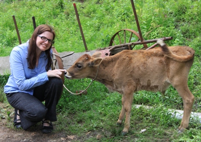 Lydia and the baby calfling.